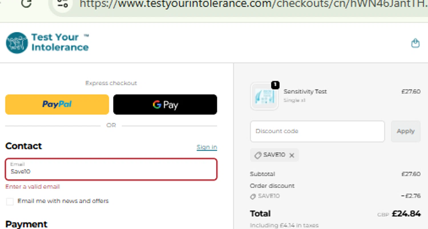 Test Your Intolerance discount code screenshot showing code Save10 applied at Test Your Intolerance checkout page. Uploaded by SimplyCodes community member RewardFinder4836 on Oct 14, 2025