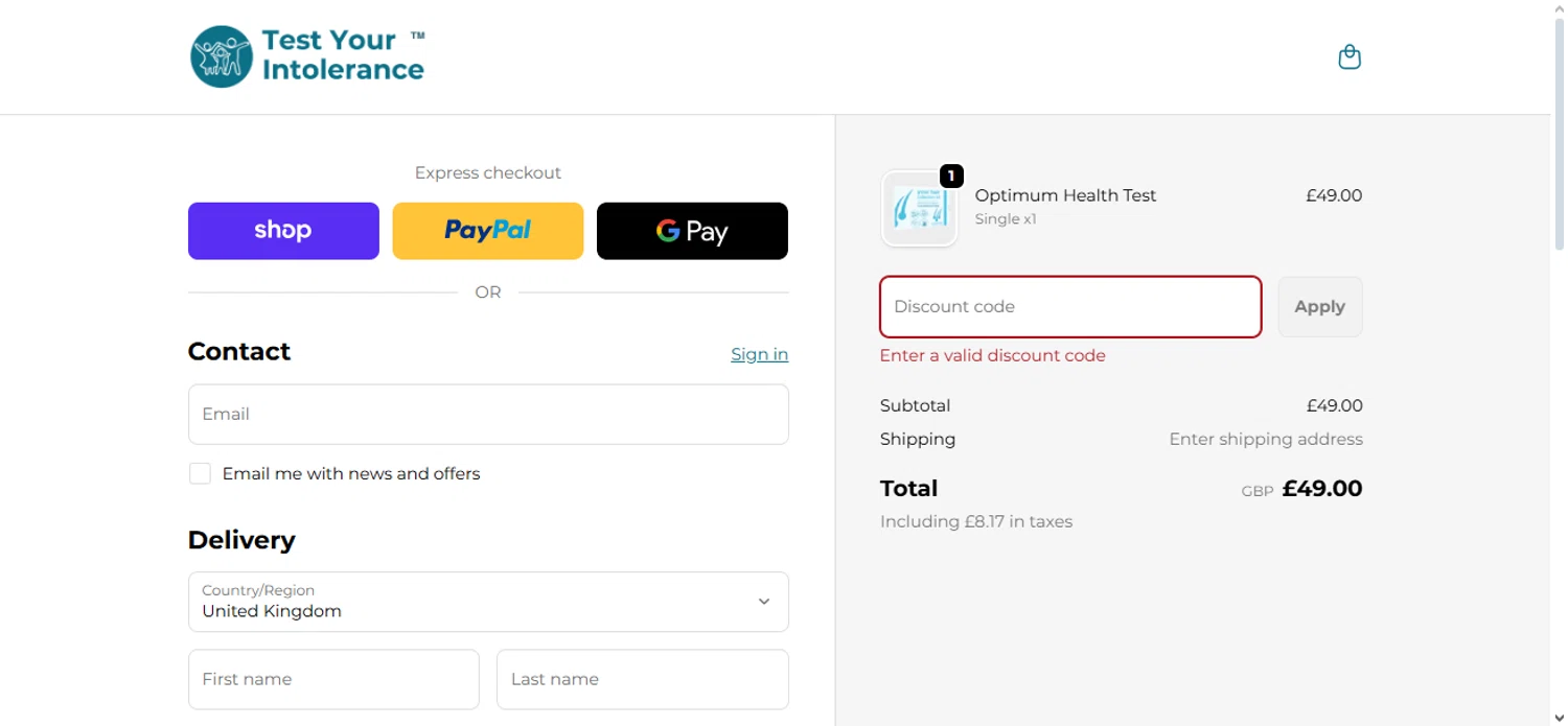 Test Your Intolerance discount code screenshot showing code BEGIN10 applied at Test Your Intolerance checkout page. Uploaded by SimplyCodes community member Nubelinda on Oct 2, 2025