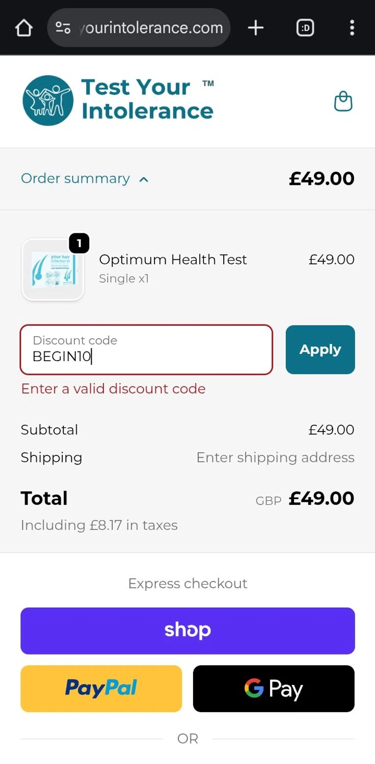 Test Your Intolerance discount code screenshot showing code BEGIN10 applied at Test Your Intolerance checkout page. Uploaded by SimplyCodes community member ValiantCurator3344 on Oct 2, 2025