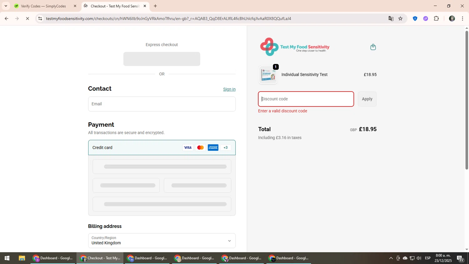 Test Your Intolerance discount code screenshot showing code BLACKFRIDAY20 applied at Test Your Intolerance checkout page. Uploaded by SimplyCodes community member CleverLynx6871 on Dec 23, 2025