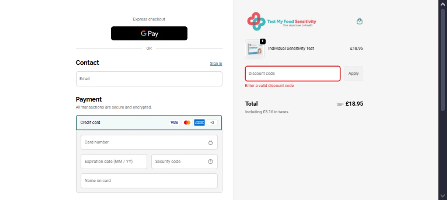Test Your Intolerance discount code screenshot showing code BLACKFRIDAY20 applied at Test Your Intolerance checkout page. Uploaded by SimplyCodes community member TraxoGamer on Dec 23, 2025
