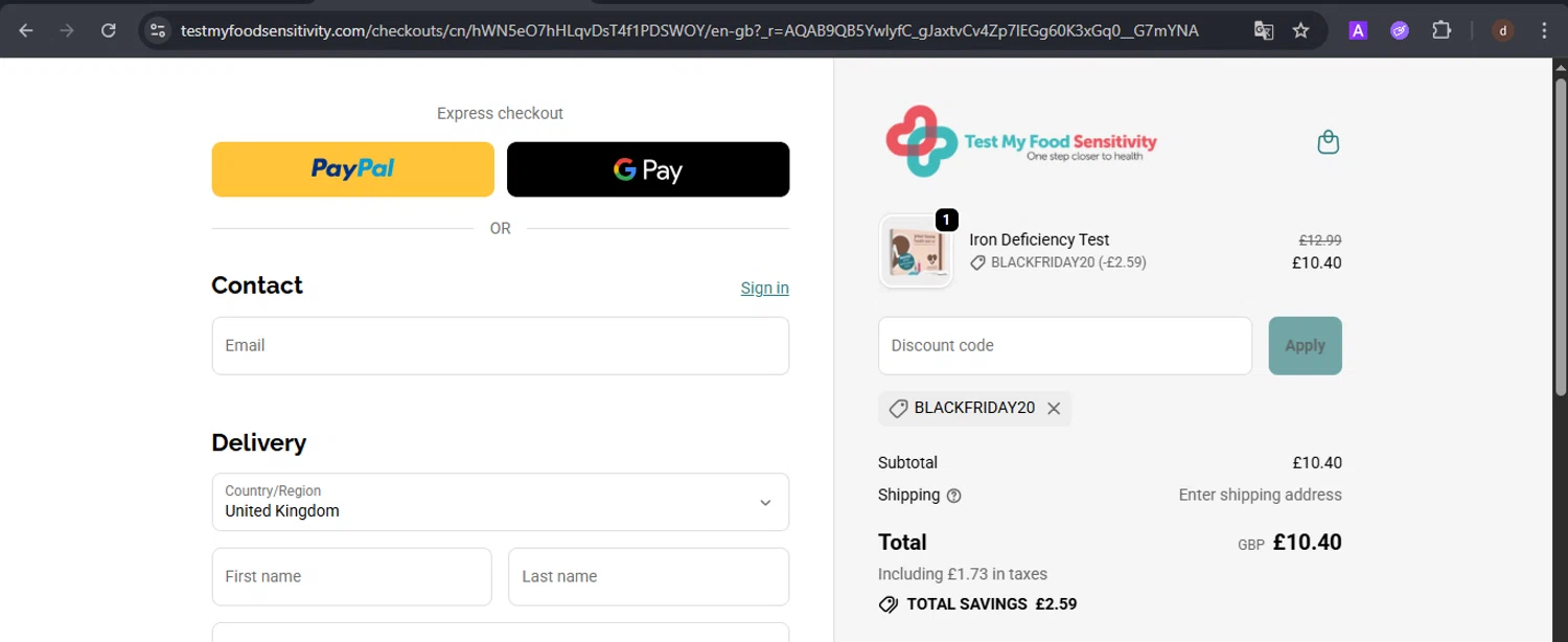 Test Your Intolerance checkout page showing Test Your Intolerance discount code box | Screenshot taken by SimplyCodes community member on Nov 24, 2025