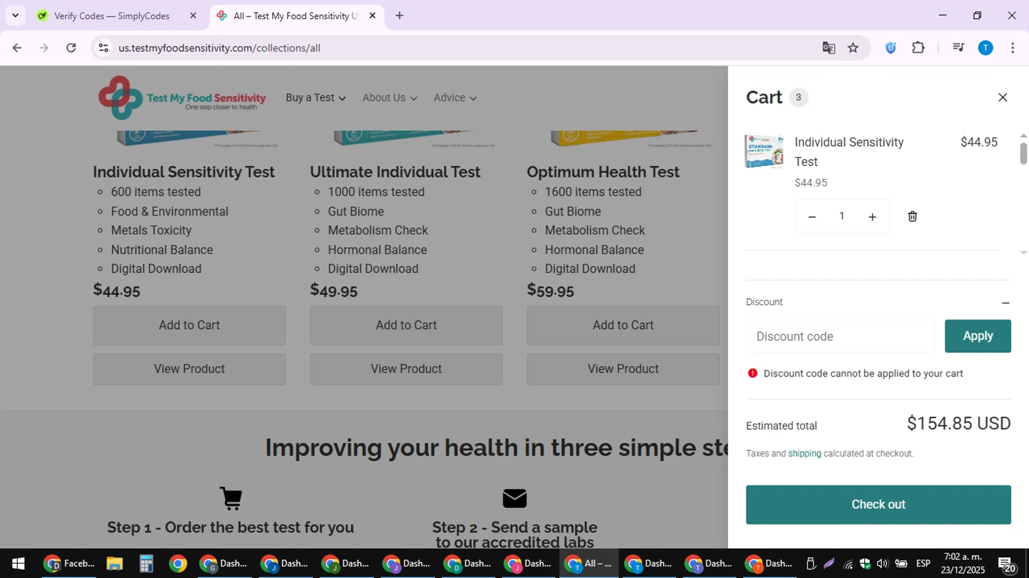 Test Your Intolerance discount code screenshot showing code BLACKFRIDAY20 applied at Test Your Intolerance checkout page. Uploaded by SimplyCodes community member hankt1521 on Dec 23, 2025