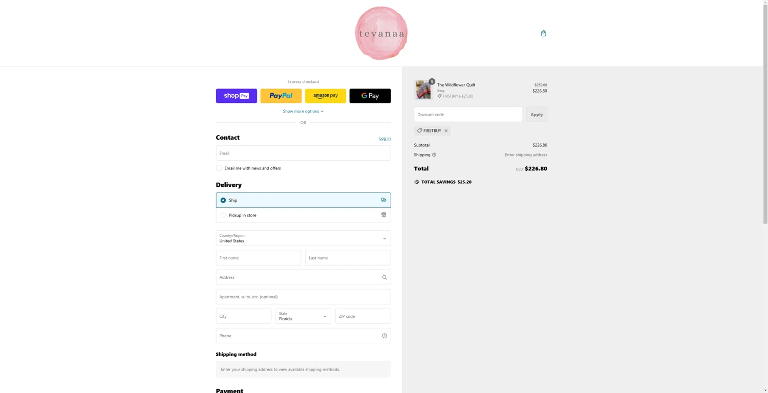 tevanaa promo code screenshot showing code FIRSTBUY applied at tevanaa checkout page. Uploaded by SimplyCodes community member Tenmyoldy on Feb 17, 2025