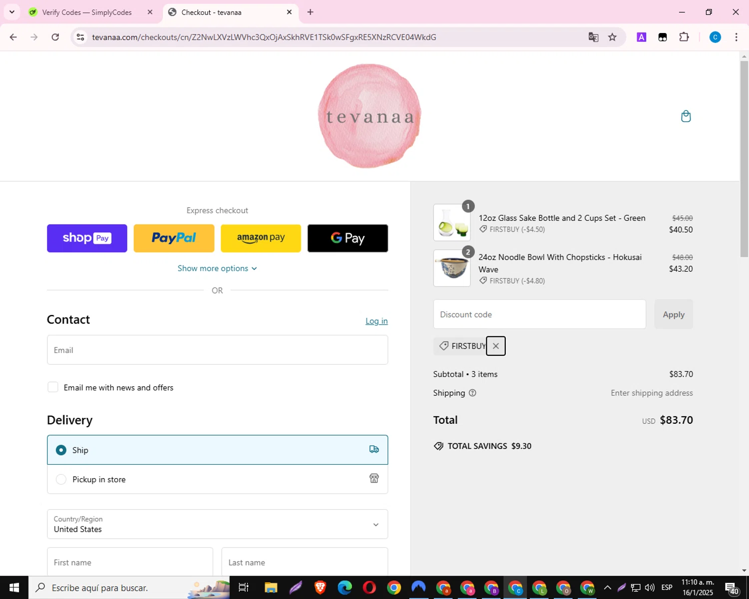 tevanaa promo code screenshot showing code FIRSTBUY applied at tevanaa checkout page. Uploaded by SimplyCodes community member CoinNavigator2844 on Jan 16, 2025