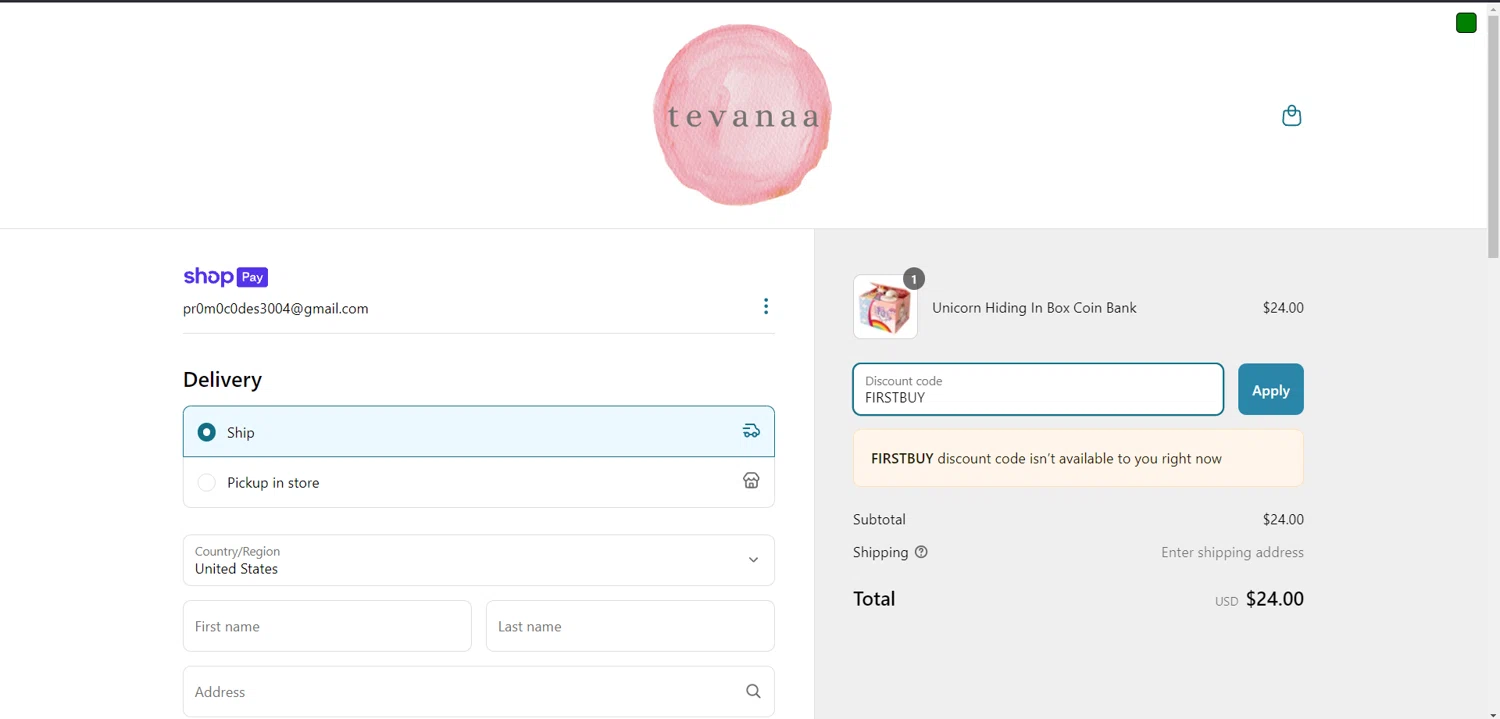 tevanaa promo code screenshot showing code FIRSTBUY applied at tevanaa checkout page. Uploaded by SimplyCodes community member MRDEAL on Mar 26, 2025