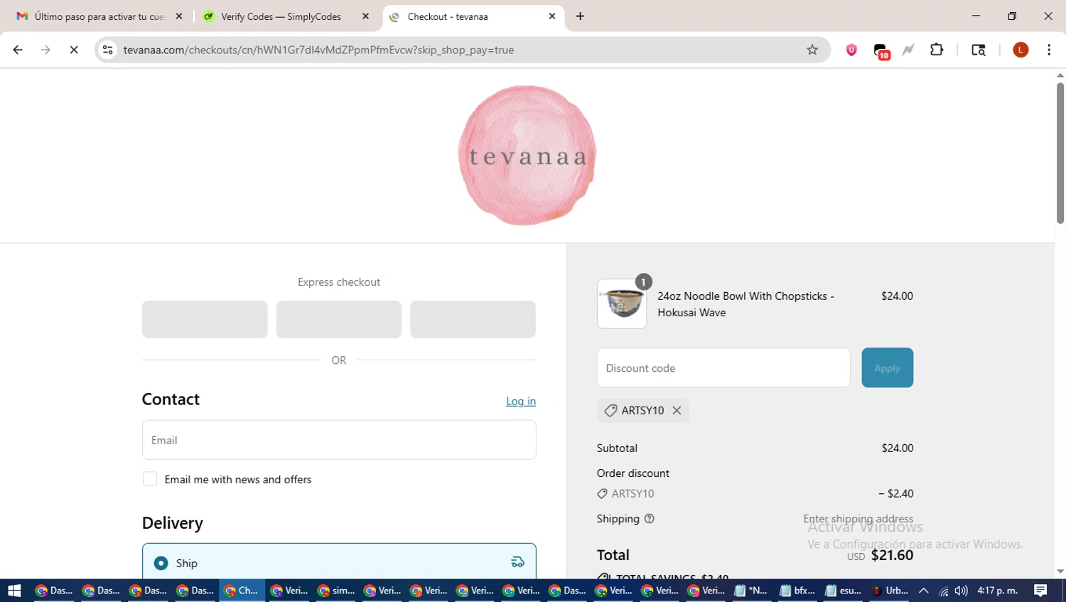 tevanaa promo code screenshot showing code ARTSY10 applied at tevanaa checkout page. Uploaded by SimplyCodes community member BonusHero9692 on Jul 31, 2025