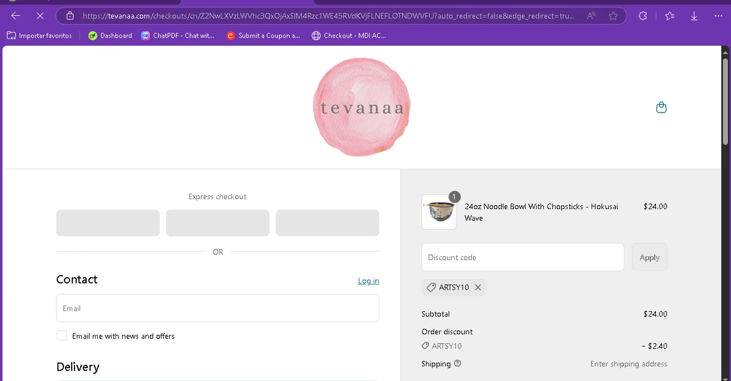 tevanaa promo code screenshot showing code ARTSY10 applied at tevanaa checkout page. Uploaded by SimplyCodes community member FredoGodofredo on Apr 20, 2025