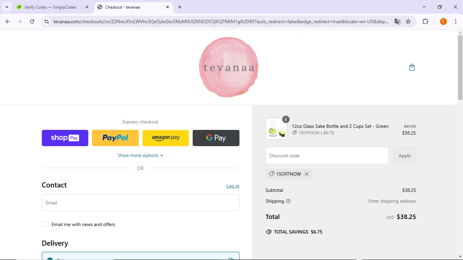 tevanaa promo code screenshot showing code 15OFFNOW applied at tevanaa checkout page. Uploaded by SimplyCodes community member TreasureSleuth5198 on Feb 4, 2025