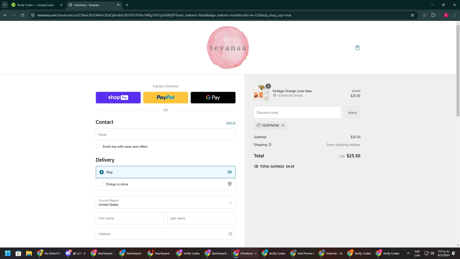 tevanaa promo code screenshot showing code 15OFFNOW applied at tevanaa checkout page. Uploaded by SimplyCodes community member ExtraordinaryVirtuoso281 on Feb 8, 2025