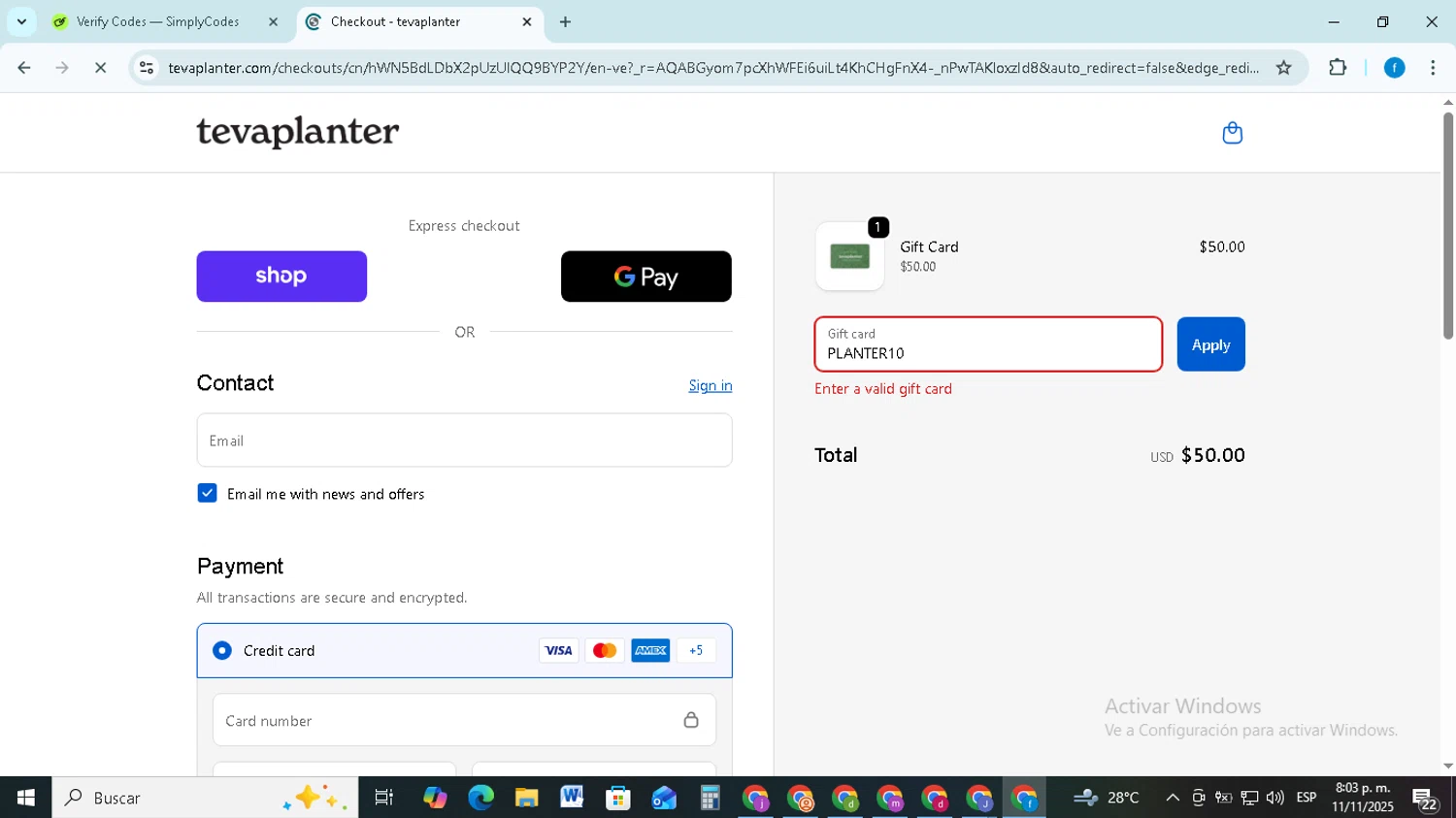 tevaplanter discount code screenshot showing code PLANTER10 applied at tevaplanter checkout page. Uploaded by SimplyCodes community member FRANCYCASERES12 on Nov 12, 2025