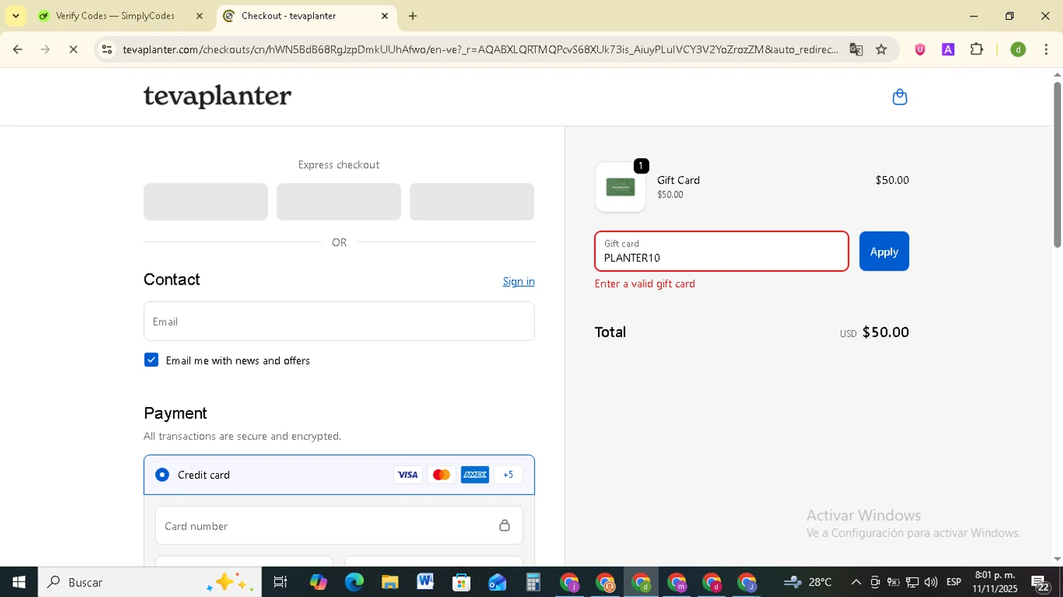 tevaplanter discount code screenshot showing code PLANTER10 applied at tevaplanter checkout page. Uploaded by SimplyCodes community member SavingsSentinel833 on Nov 12, 2025