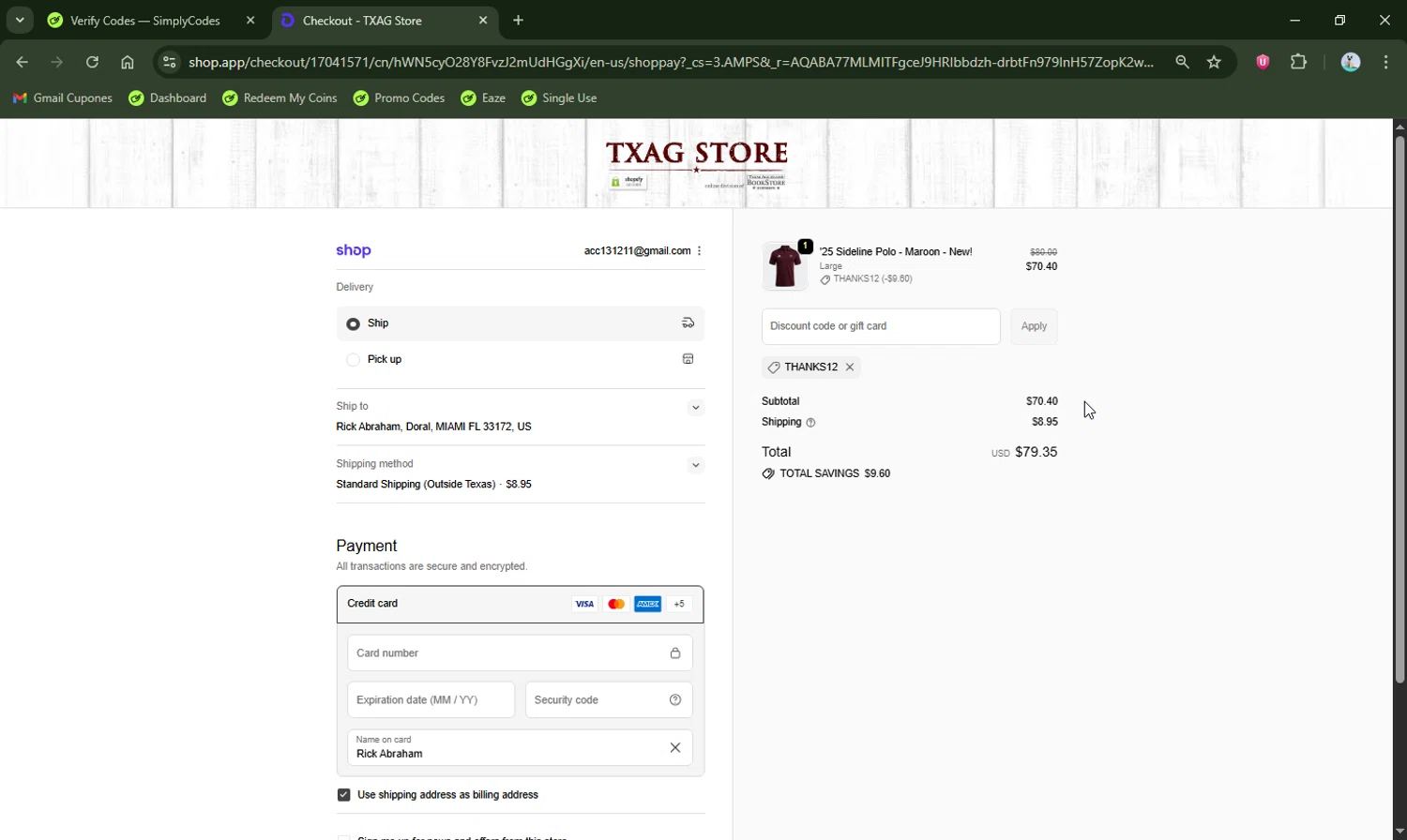 Texas Aggieland Bookstore promo code screenshot showing code THANKS12 applied at Texas Aggieland Bookstore checkout page. Uploaded by SimplyCodes community member LHaunter2 on Nov 23, 2025