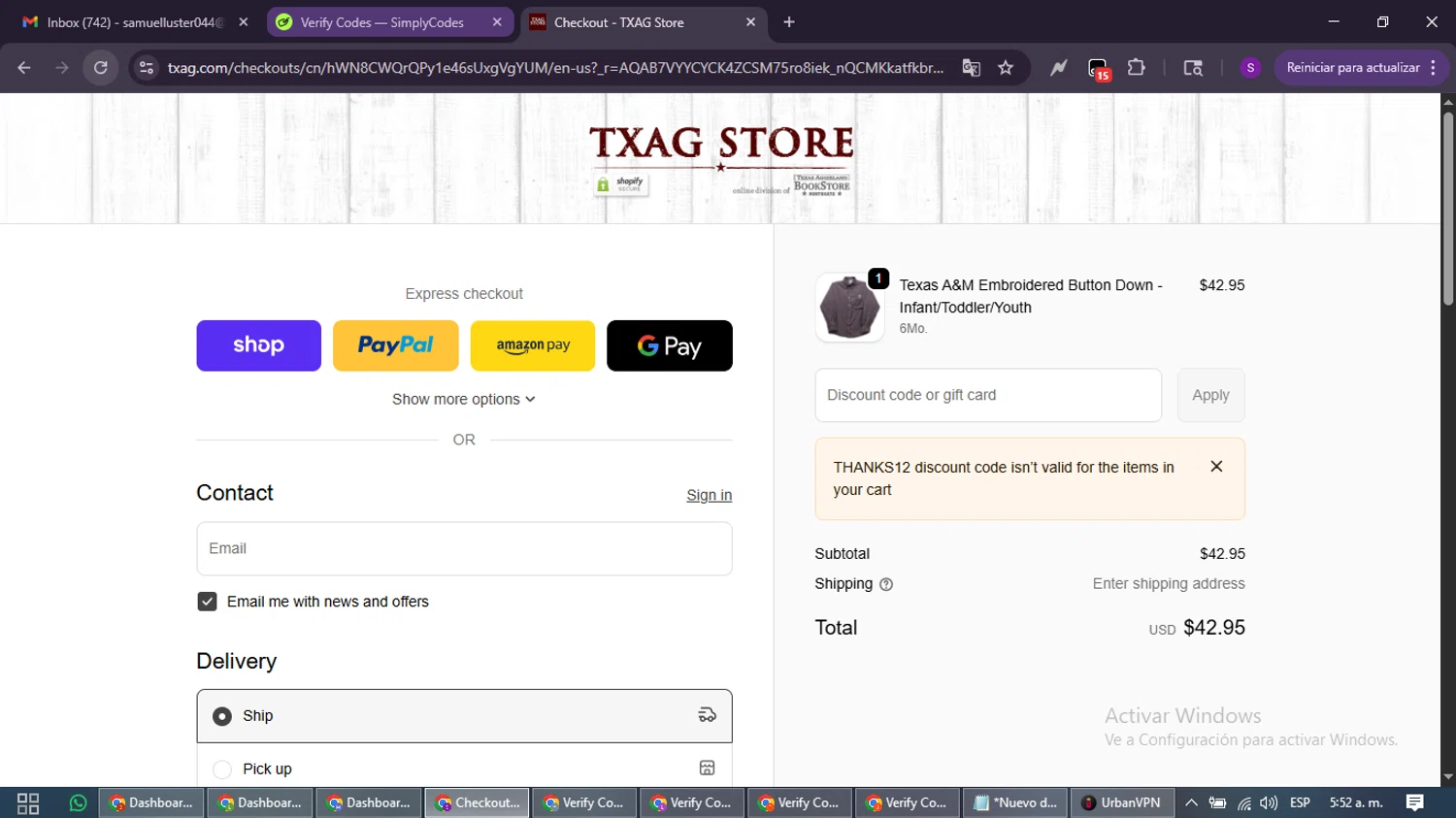 Texas Aggieland Bookstore promo code screenshot showing code THANKS12 applied at Texas Aggieland Bookstore checkout page. Uploaded by SimplyCodes community member ShieldWarden7838 on Jan 30, 2026