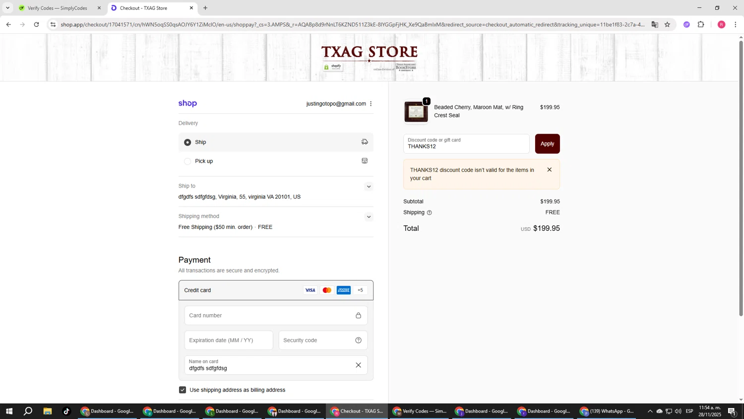 Texas Aggieland Bookstore promo code screenshot showing code THANKS12 applied at Texas Aggieland Bookstore checkout page. Uploaded by SimplyCodes community member TTTT55 on Nov 28, 2025