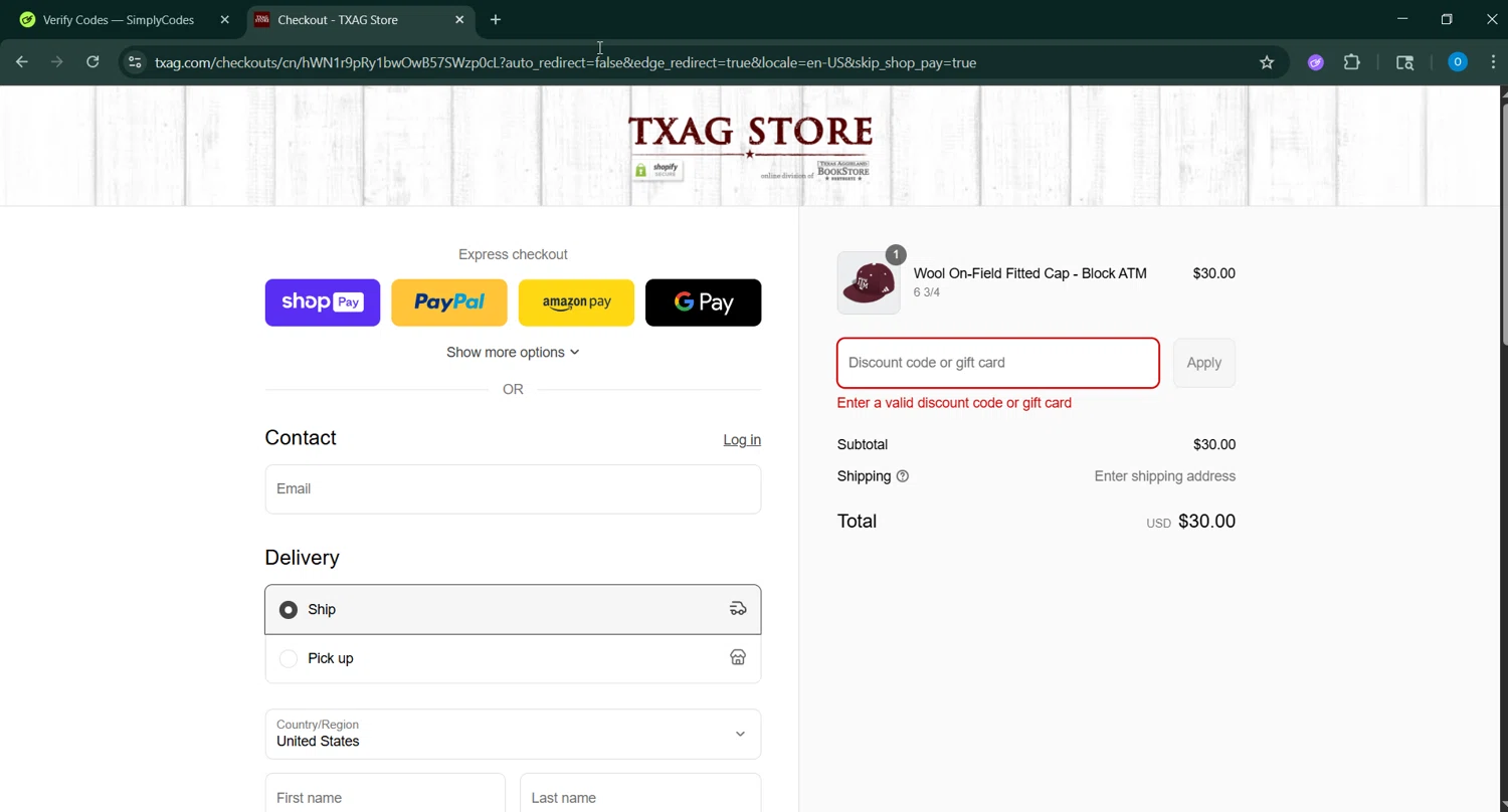 Texas Aggieland Bookstore promo code screenshot showing code TAXFREE20 applied at Texas Aggieland Bookstore checkout page. Uploaded by SimplyCodes community member GoldChaser6627 on Aug 16, 2025