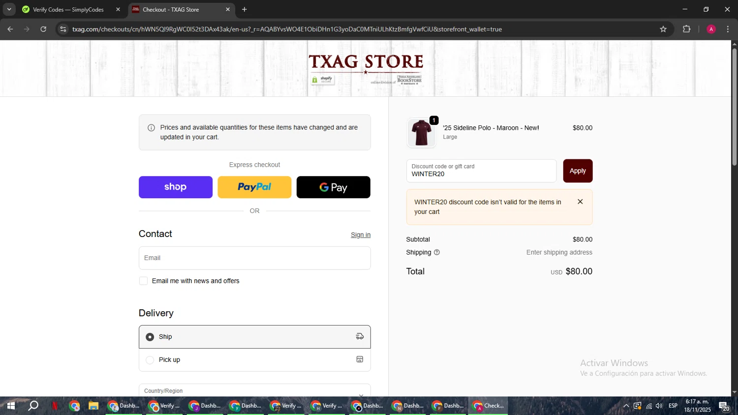 Texas Aggieland Bookstore promo code screenshot showing code WINTER20 applied at Texas Aggieland Bookstore checkout page. Uploaded by SimplyCodes community member BMWGS1200 on Nov 18, 2025