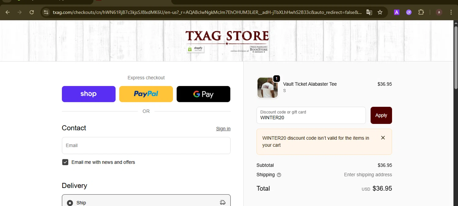 Texas Aggieland Bookstore promo code screenshot showing code WINTER20 applied at Texas Aggieland Bookstore checkout page. Uploaded by SimplyCodes community member GoldCurator1773 on Dec 4, 2025