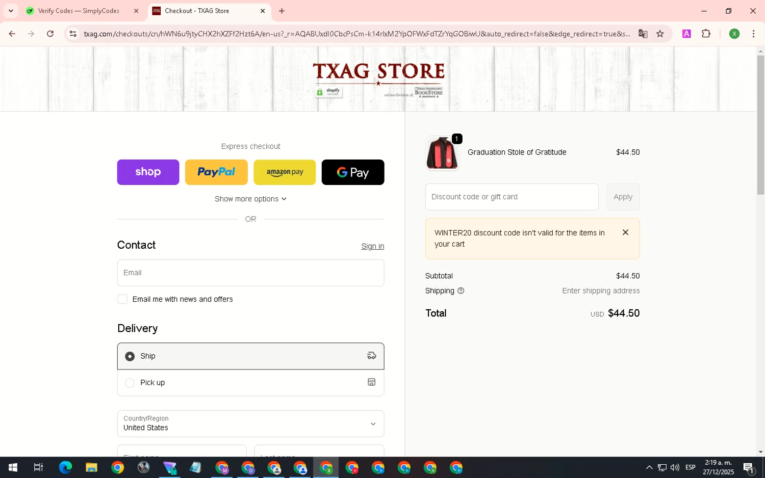 Texas Aggieland Bookstore promo code screenshot showing code WINTER20 applied at Texas Aggieland Bookstore checkout page. Uploaded by SimplyCodes community member SaleTiger1087 on Dec 27, 2025