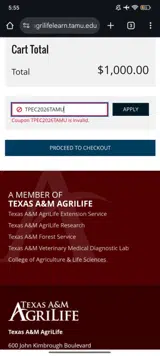 TPEC2026TAMU coupon verification screenshot