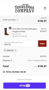 Texas Boot Company coupon verification screenshot