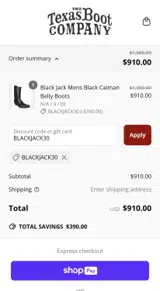 Texas Boot Company coupon verification screenshot