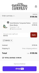 Texas Boot Company coupon verification screenshot