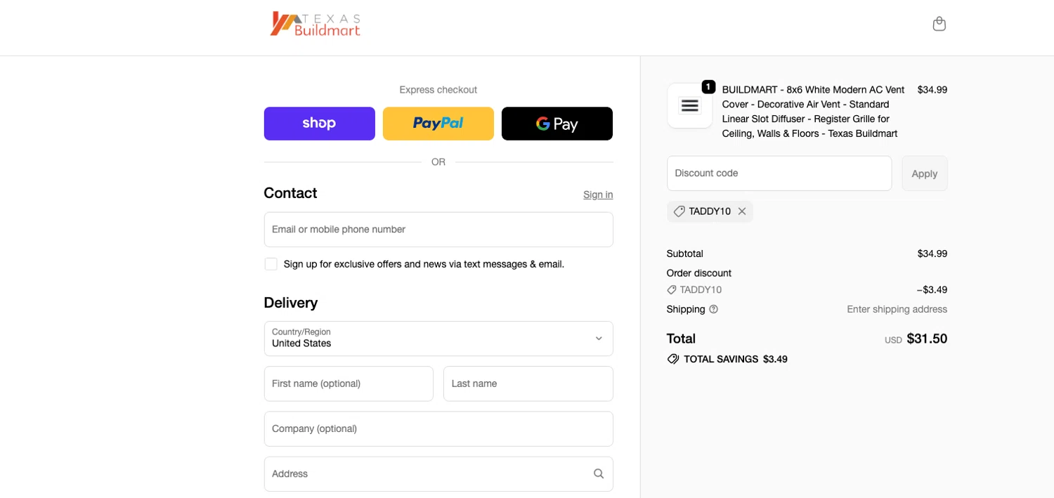 Texas Buildmart promo code screenshot showing code Taddy10 applied at Texas Buildmart checkout page. Uploaded by SimplyCodes community member ELOIN777 on May 30, 2026