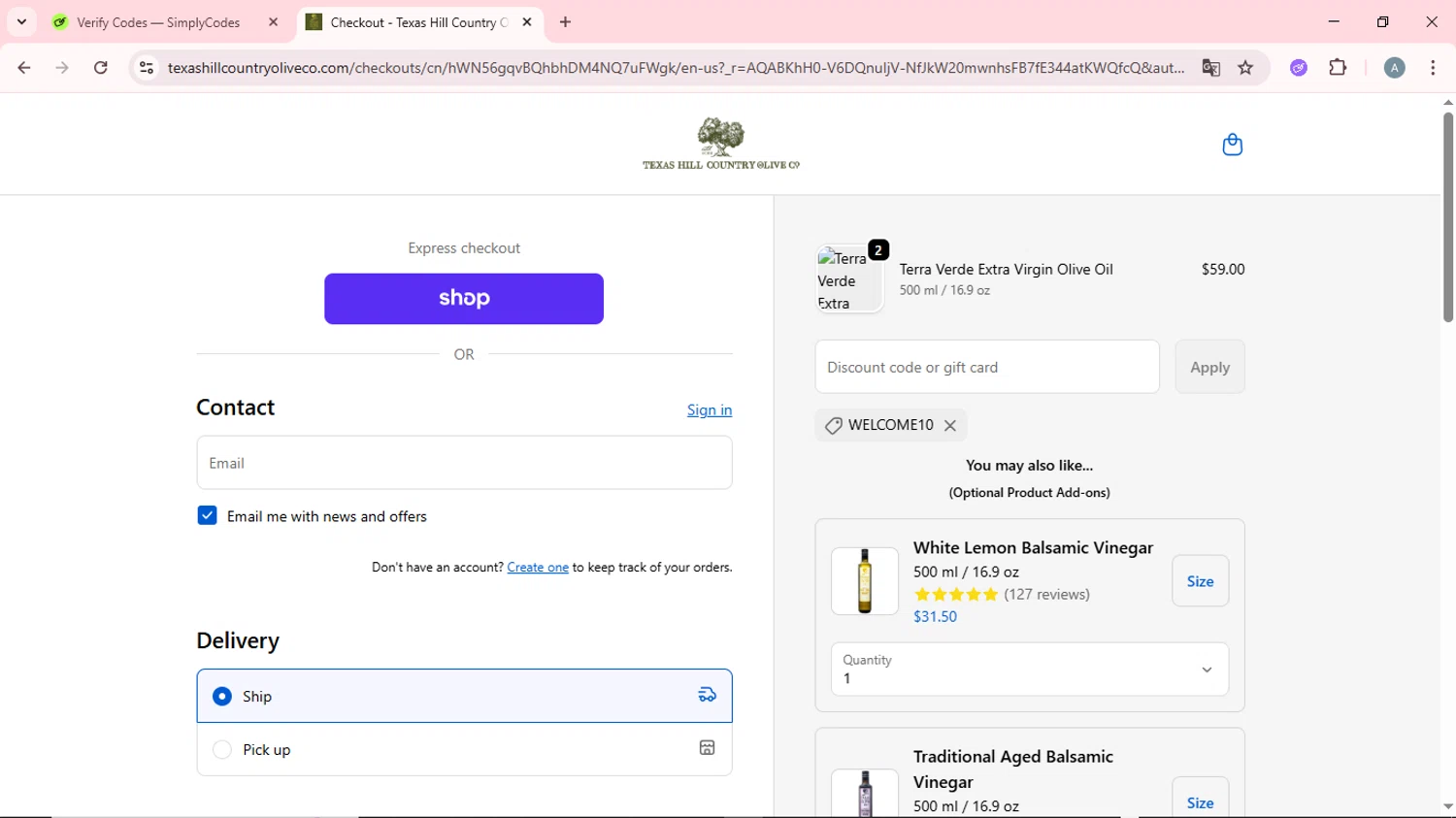 Texas Hill Country Olive Co. promo code screenshot showing code WELCOME10 applied at Texas Hill Country Olive Co. checkout page. Uploaded by SimplyCodes community member CrownSpotter6947 on Nov 9, 2025