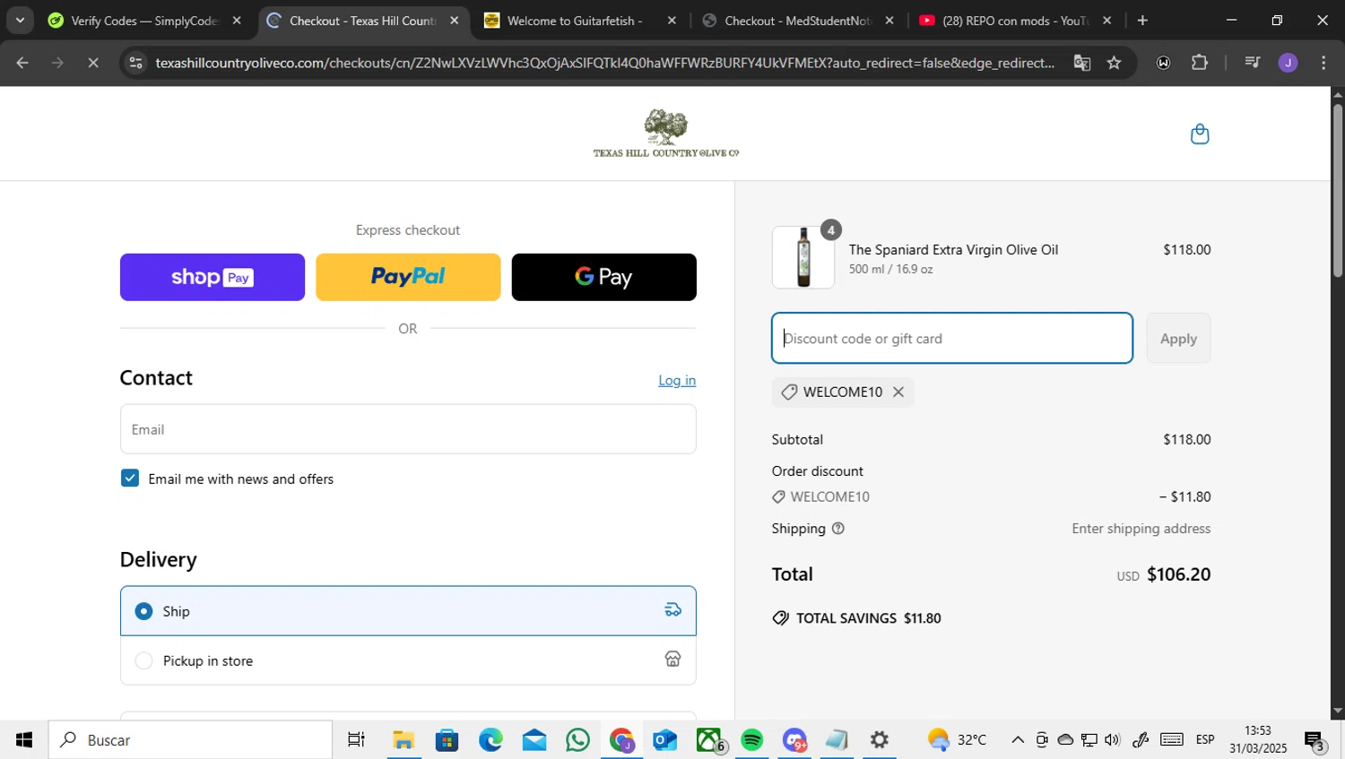 Texas Hill Country Olive Co. promo code screenshot showing code WELCOME10 applied at Texas Hill Country Olive Co. checkout page. Uploaded by SimplyCodes community member ENCARAMESSI on Mar 31, 2025