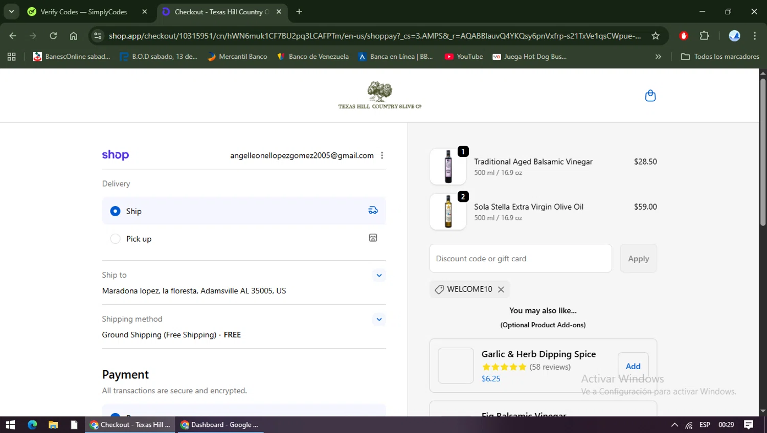 Texas Hill Country Olive Co. promo code screenshot showing code WELCOME10 applied at Texas Hill Country Olive Co. checkout page. Uploaded by SimplyCodes community member TreasureShopper9156 on Dec 24, 2025