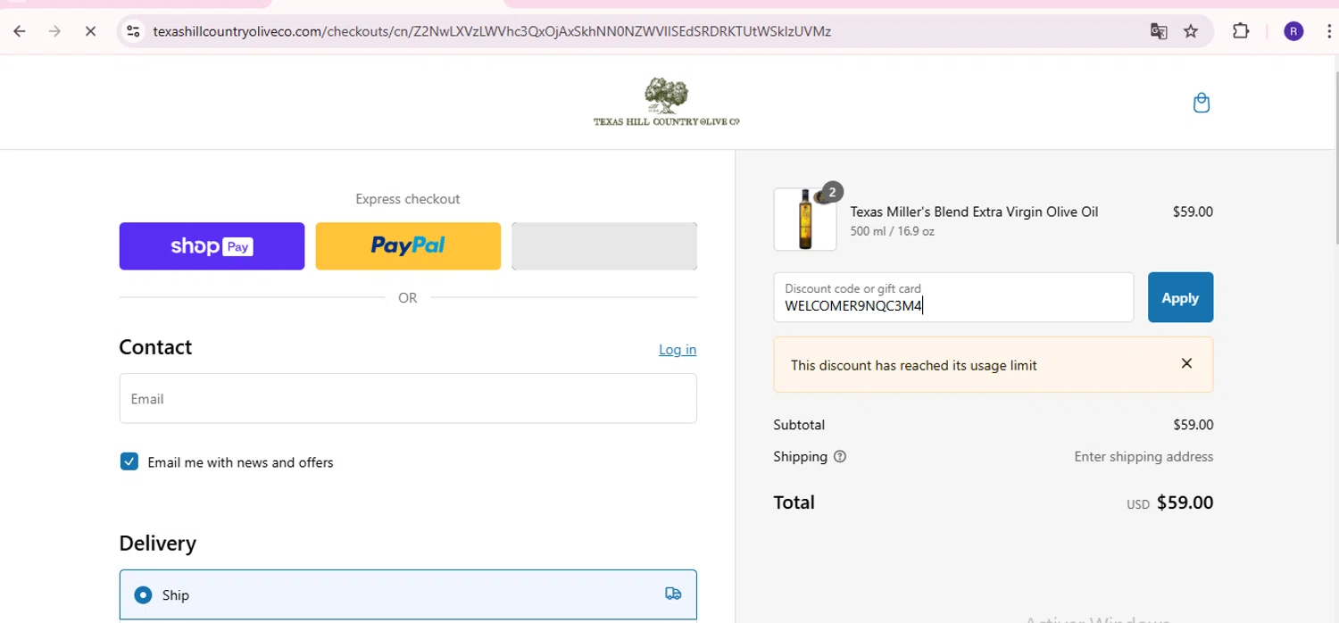 Texas Hill Country Olive Co. promo code screenshot showing code WELCOMER9NQC3M4 applied at Texas Hill Country Olive Co. checkout page. Uploaded by SimplyCodes community member zurdinha on Jan 15, 2025