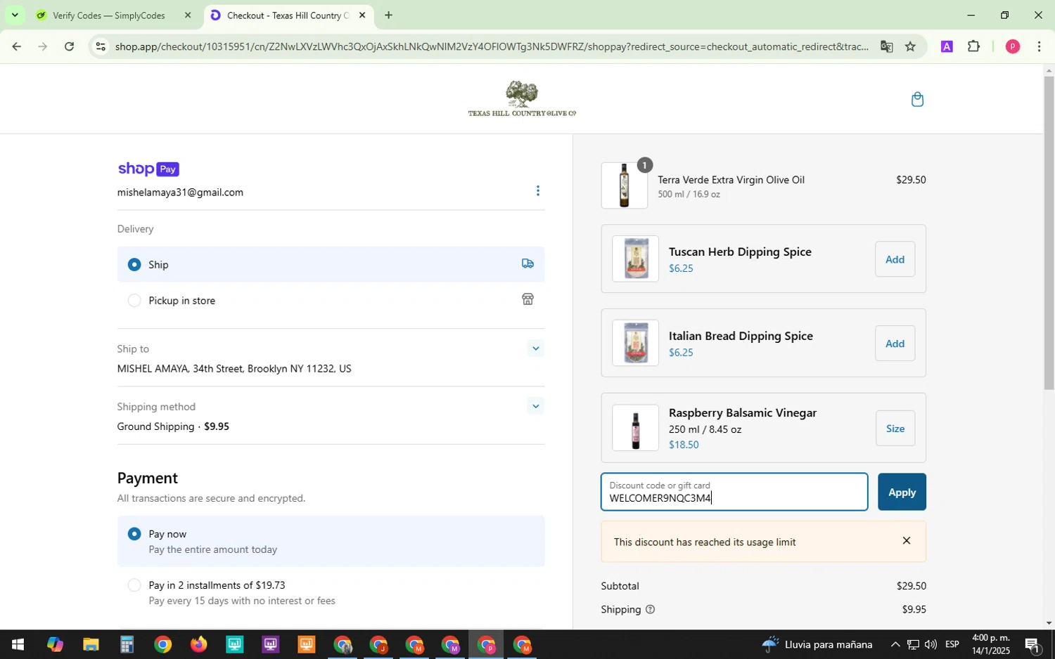 Texas Hill Country Olive Co. promo code screenshot showing code WELCOMER9NQC3M4 applied at Texas Hill Country Olive Co. checkout page. Uploaded by SimplyCodes community member BonusChaser4306 on Jan 14, 2025