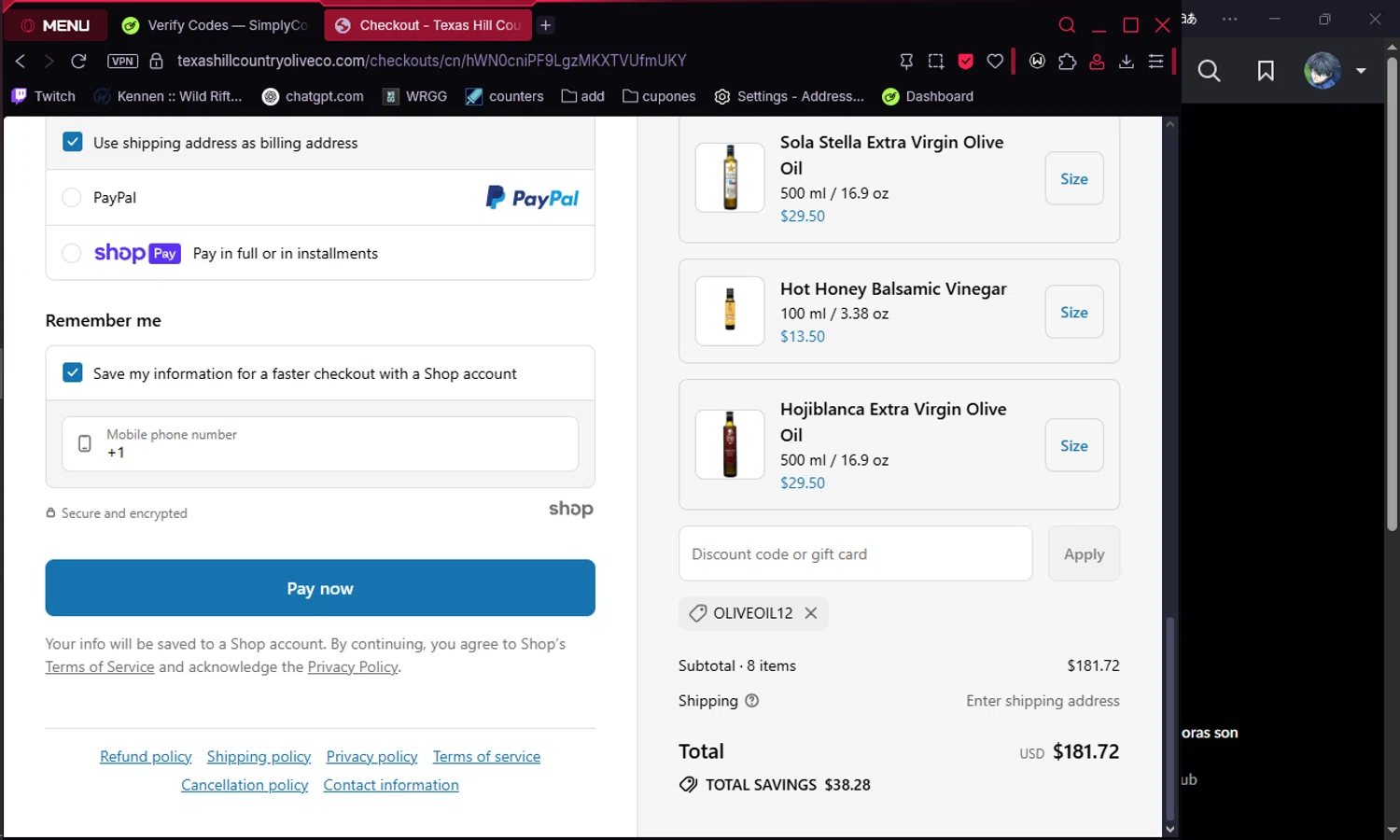 Texas Hill Country Olive Co. promo code screenshot showing code OLIVEOIL12 applied at Texas Hill Country Olive Co. checkout page. Uploaded by SimplyCodes community member Chukaflu on Jul 14, 2025