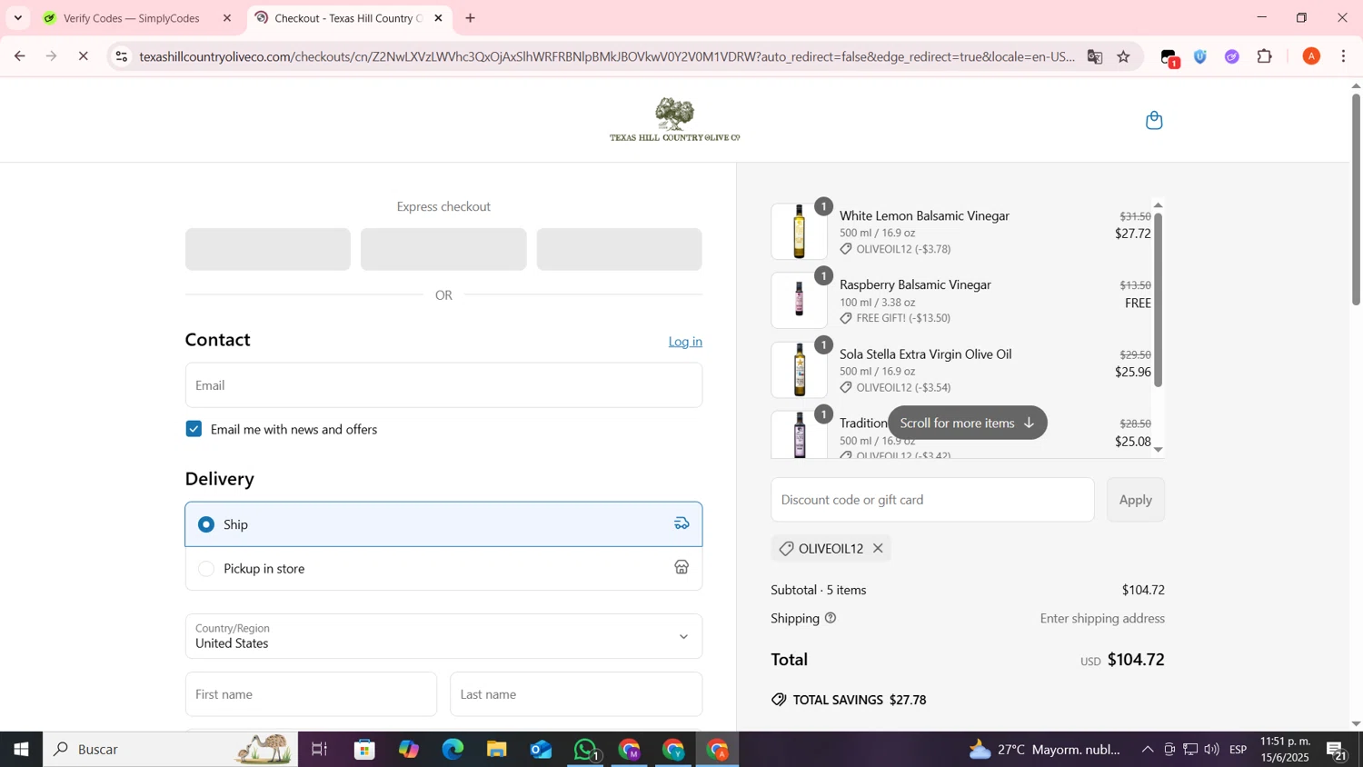 Texas Hill Country Olive Co. promo code screenshot showing code OLIVEOIL12 applied at Texas Hill Country Olive Co. checkout page. Uploaded by SimplyCodes community member FrugalSentinel6206 on Jun 16, 2025