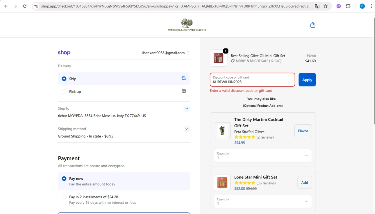 Texas Hill Country Olive Co. promo code screenshot showing code KURTWILKIN2025 applied at Texas Hill Country Olive Co. checkout page. Uploaded by SimplyCodes community member PromoBoss9319 on Dec 10, 2025