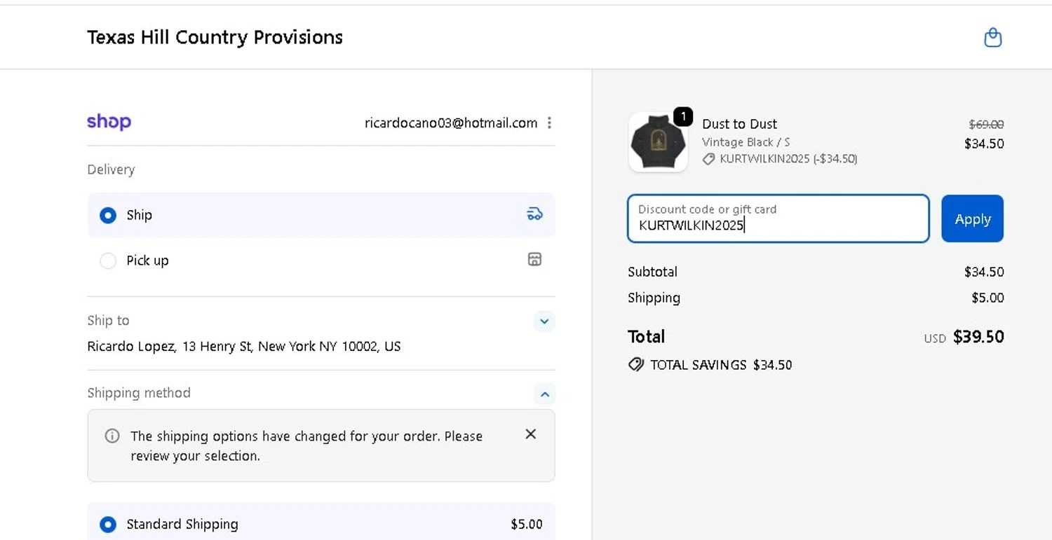 Texas Hill Country Olive Co. promo code screenshot showing code KURTWILKIN2025 applied at Texas Hill Country Olive Co. checkout page. Uploaded by SimplyCodes community member LAMINEJAMAL on Dec 10, 2025