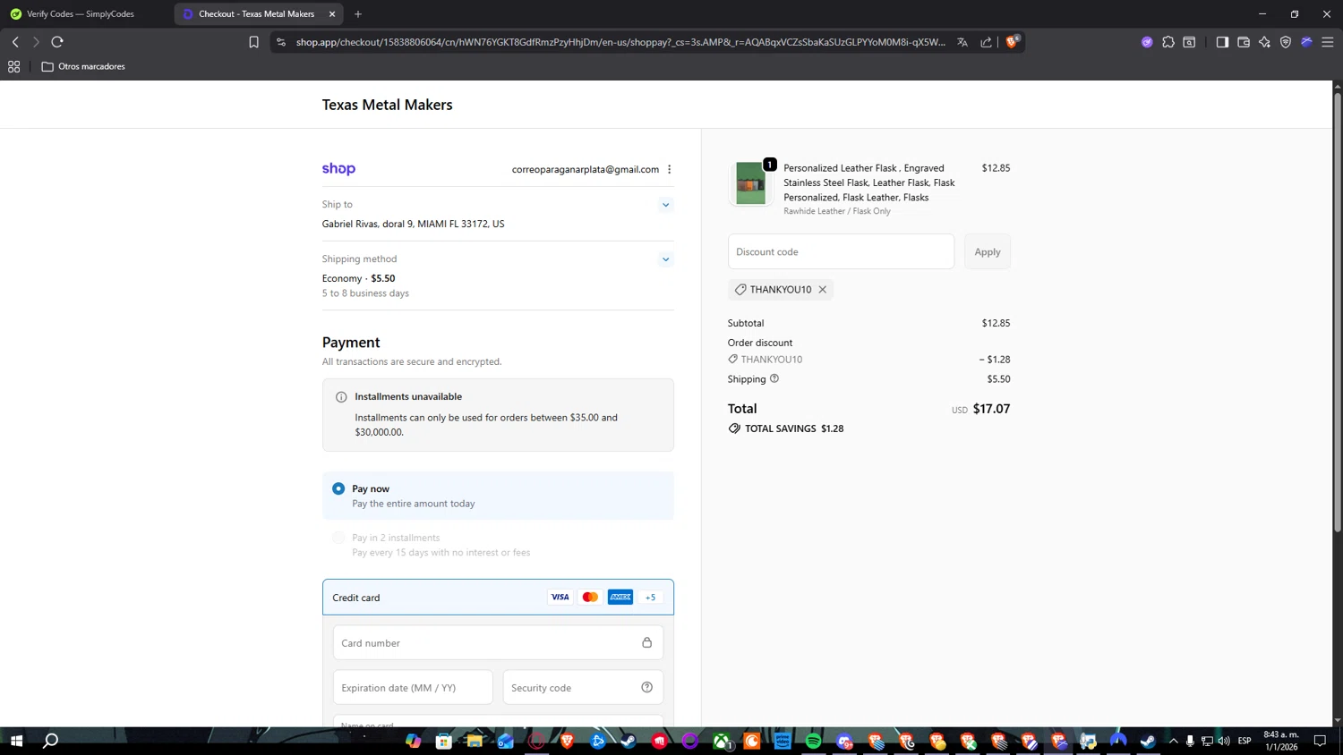 Texas Metal Makers promo code screenshot showing code THANKYOU10 applied at Texas Metal Makers checkout page. Uploaded by SimplyCodes community member Nekiro on Jan 1, 2026
