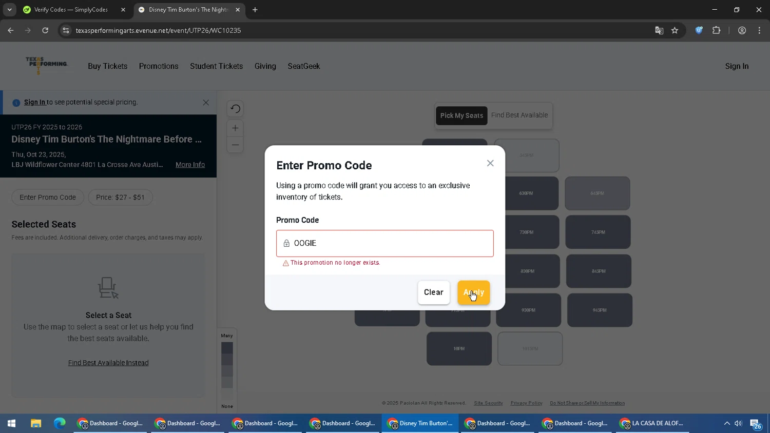 Texas Performing Arts promo code screenshot showing code OOGIE applied at Texas Performing Arts checkout page. Uploaded by SimplyCodes community member PromoScout8746 on Oct 23, 2025