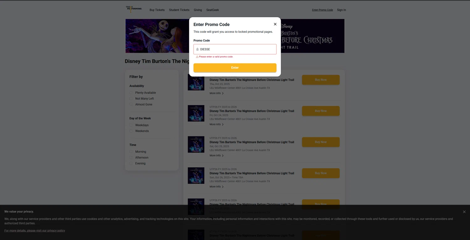 Texas Performing Arts promo code screenshot showing code DIESSE applied at Texas Performing Arts checkout page. Uploaded by SimplyCodes community member bluemoony on Oct 23, 2025
