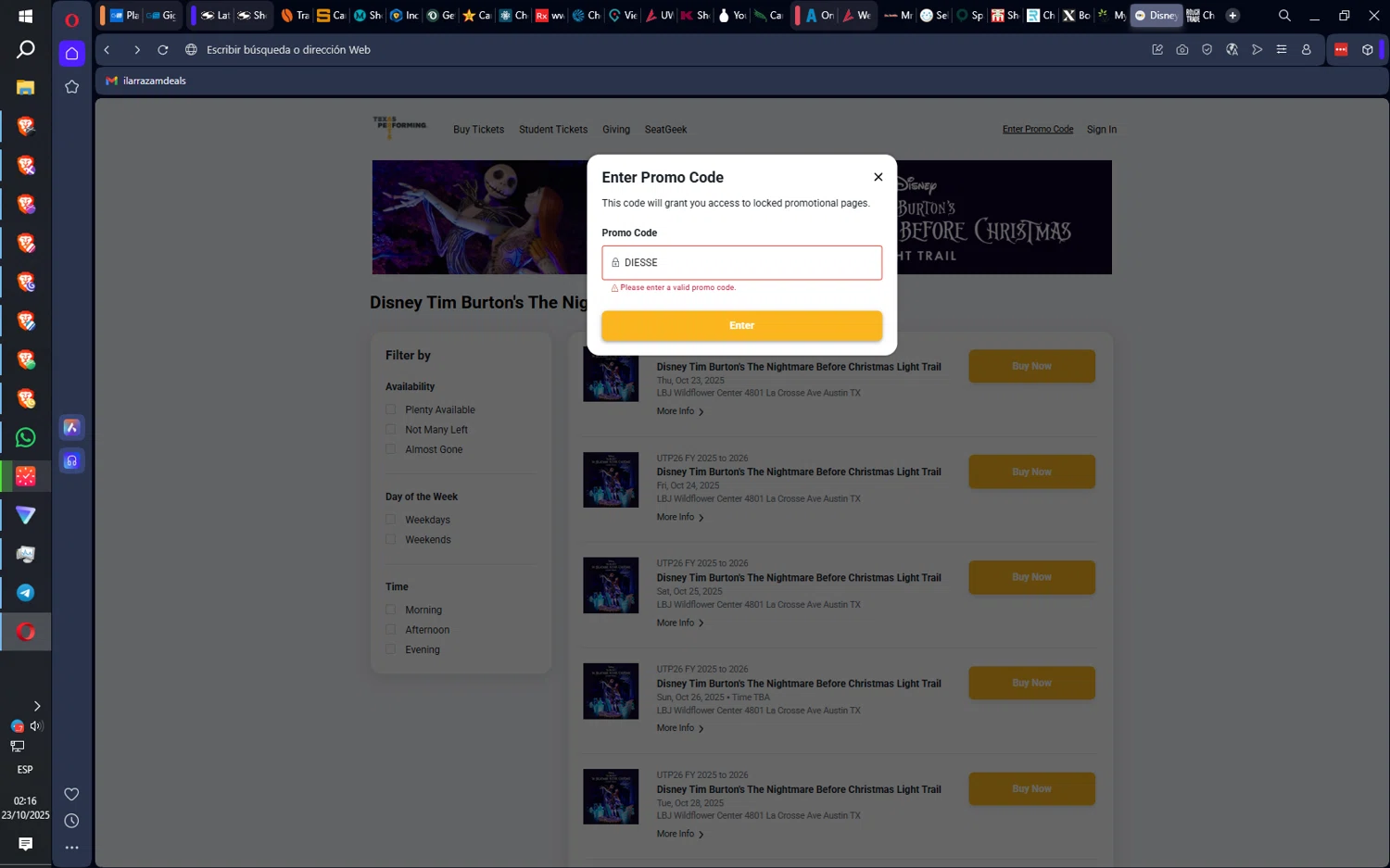 Texas Performing Arts promo code screenshot showing code DIESSE applied at Texas Performing Arts checkout page. Uploaded by SimplyCodes community member QuantumRider5931 on Oct 23, 2025