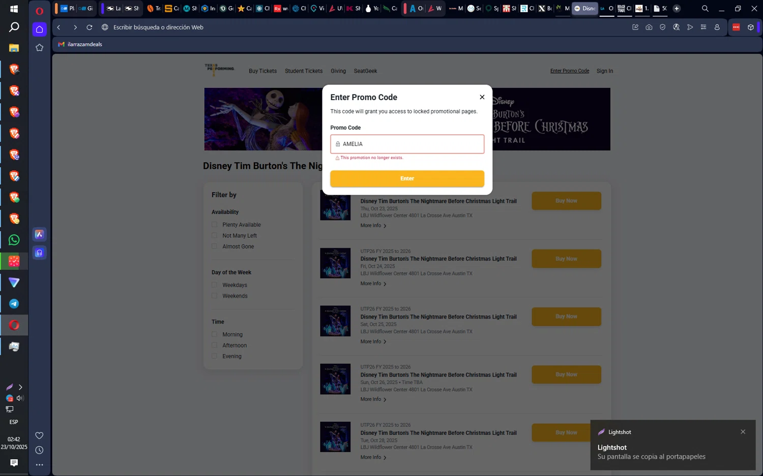 Texas Performing Arts promo code screenshot showing code AMELIA applied at Texas Performing Arts checkout page. Uploaded by SimplyCodes community member SilentNova8472 on Oct 23, 2025