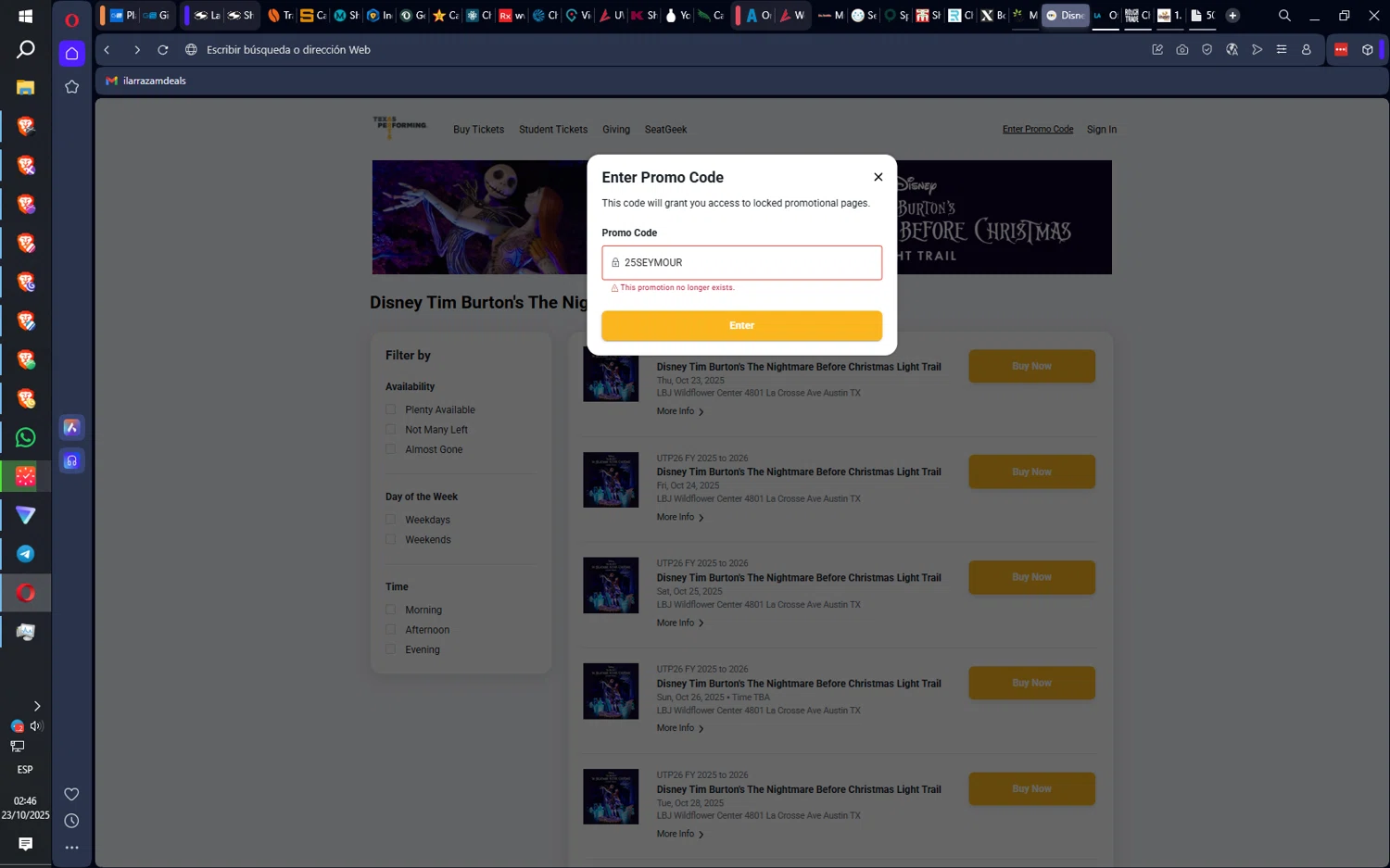 Texas Performing Arts promo code screenshot showing code 25SEYMOUR applied at Texas Performing Arts checkout page. Uploaded by SimplyCodes community member SwiftLogic2048 on Oct 23, 2025