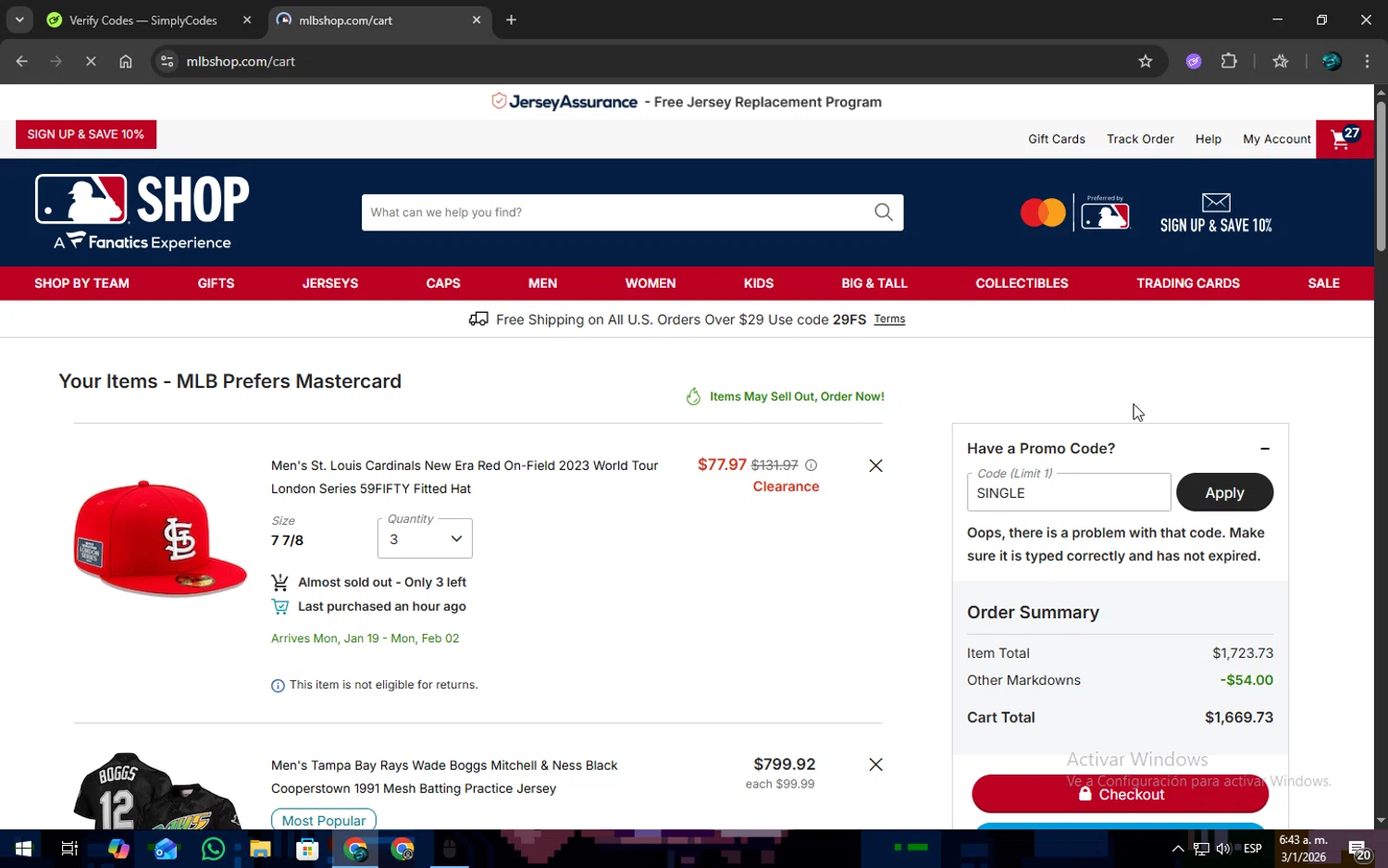 Texas Rangers promo code screenshot showing code single applied at Texas Rangers checkout page. Uploaded by SimplyCodes community member SOPACONPAN on Jan 3, 2026