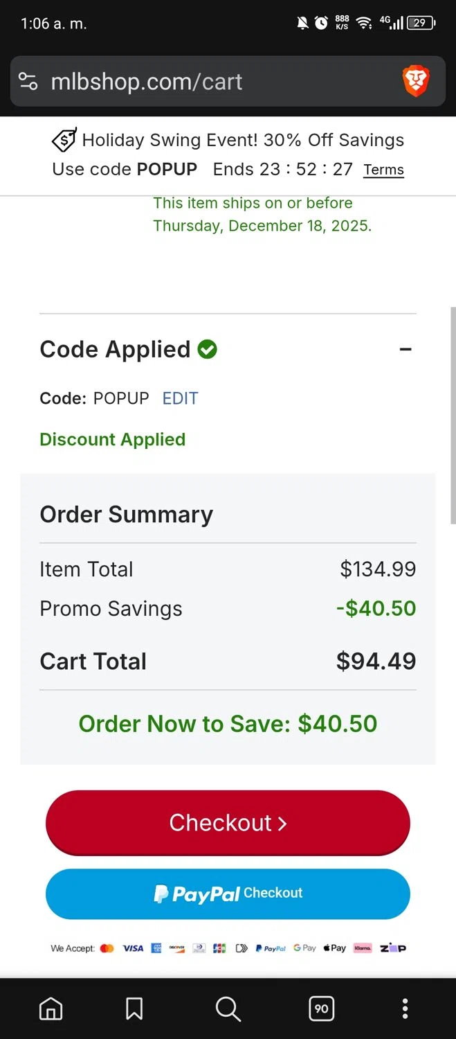 Texas Rangers checkout page showing Texas Rangers promo code box | Screenshot taken by SimplyCodes community member on Dec 18, 2025
