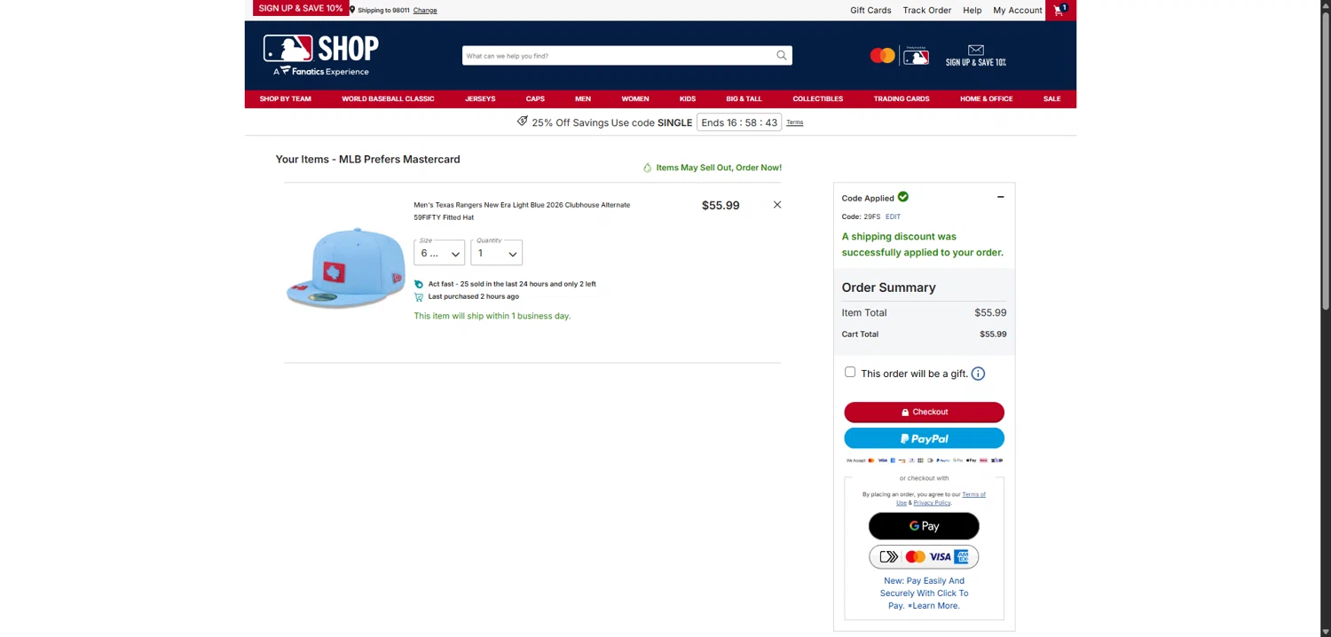 Texas Rangers checkout page showing Texas Rangers promo code box | Screenshot taken by SimplyCodes community member on Feb 24, 2026