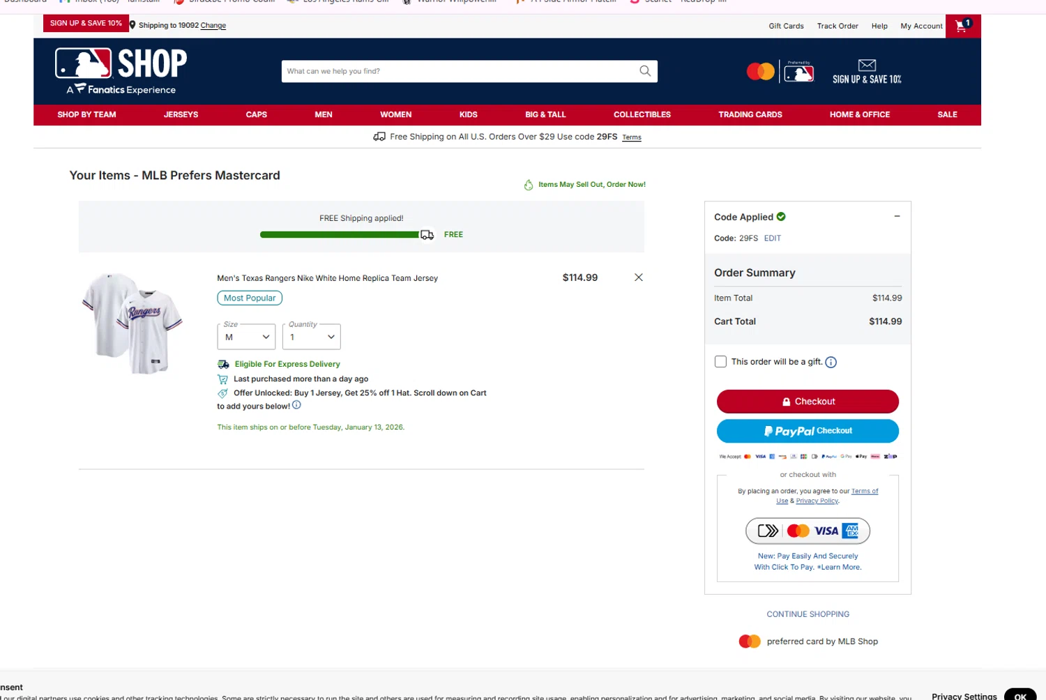 Texas Rangers checkout page showing Texas Rangers promo code box | Screenshot taken by SimplyCodes community member on Jan 13, 2026