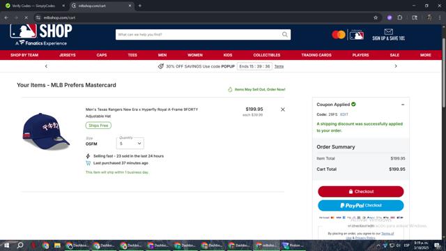 Texas Rangers checkout page showing Texas Rangers promo code box | Screenshot taken by SimplyCodes community member on Oct 3, 2025