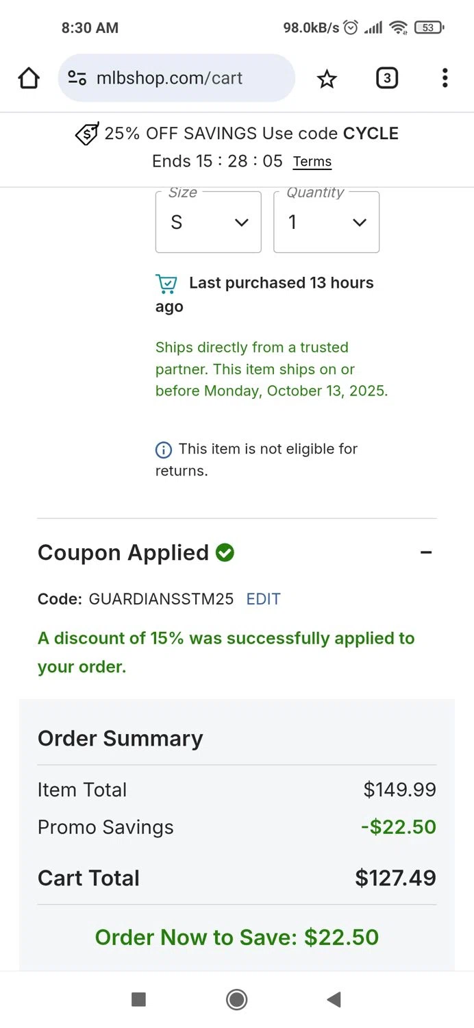 Texas Rangers promo code screenshot showing code GUARDIANSSTM25 applied at Texas Rangers checkout page. Uploaded by SimplyCodes community member Piolin on Sep 13, 2025