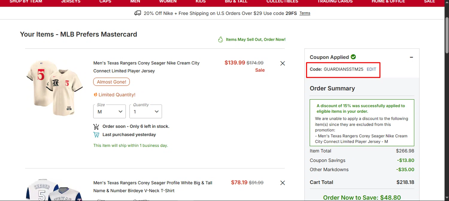 Texas Rangers promo code screenshot showing code GUARDIANSSTM25 applied at Texas Rangers checkout page. Uploaded by SimplyCodes community member noworries on Jul 20, 2025
